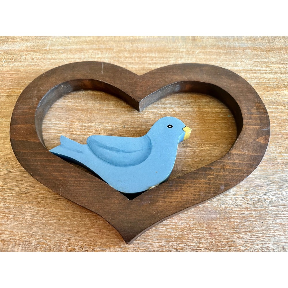 Vintage Wooden Heart Blue Bird Wall Decor Rustic Folk Art Hand Painted Hanging‎